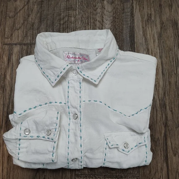 Panhandle Slim white with decorative stitches white pearl snap shirt Size L - Picture 12 of 16